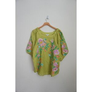 Sundance Embroidered Floral Square Neck Blouse Green Puff Sleeve Top size PL